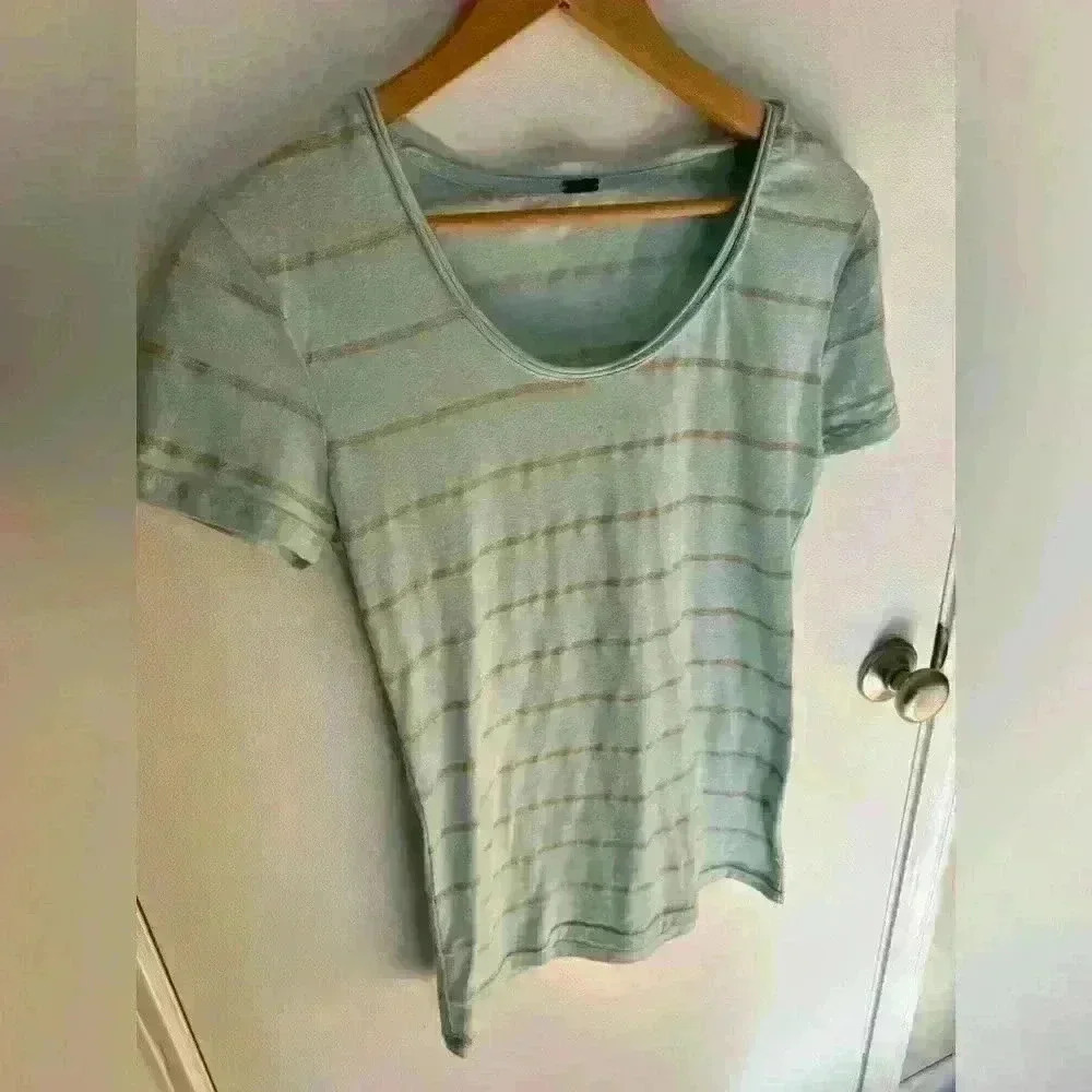 Poof women’s teal striped gold top lightweight cotton shirt fitted size Large - Picture 4 of 10